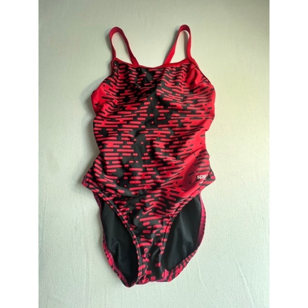Speedo Pro LT One Piece Swimsuit Women 8/34 Red Black Abstract Dash Good